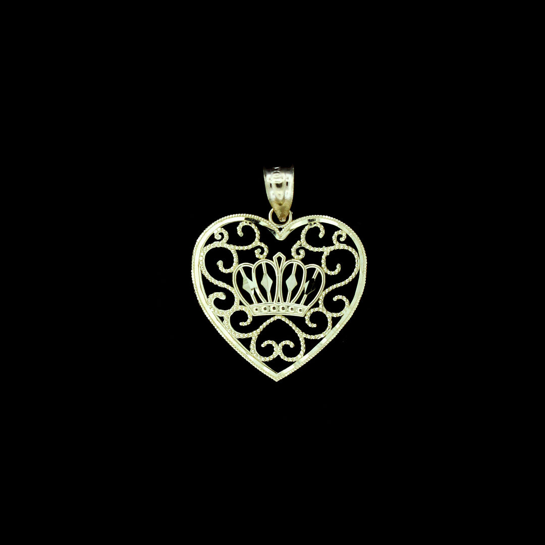 Real 10K Yellow Gold Diamond Cut Heart With Crown Pendant &amp; 2.5mm Rope Chain Necklace Set