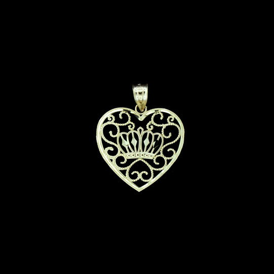 Real 10K Yellow Gold Diamond Cut Heart With Crown Pendant &amp; 2.5mm Rope Chain Necklace Set