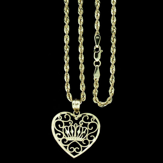 Real 10K Yellow Gold Diamond Cut Heart With Crown Pendant &amp; 2.5mm Rope Chain Necklace Set