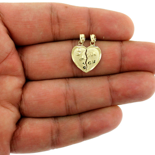 Real 10K Yellow Gold Diamond Cut I Love You Heart Charm Pendant, Men Women
