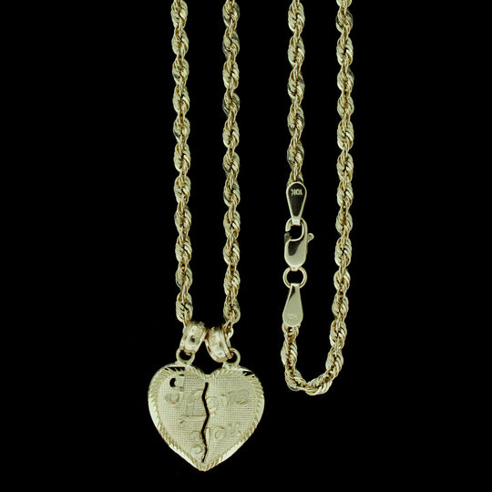 Real 10K Yellow Gold Diamond Cut I Love You Heart Pendant &amp; 2mm Rope Chain Necklace Set