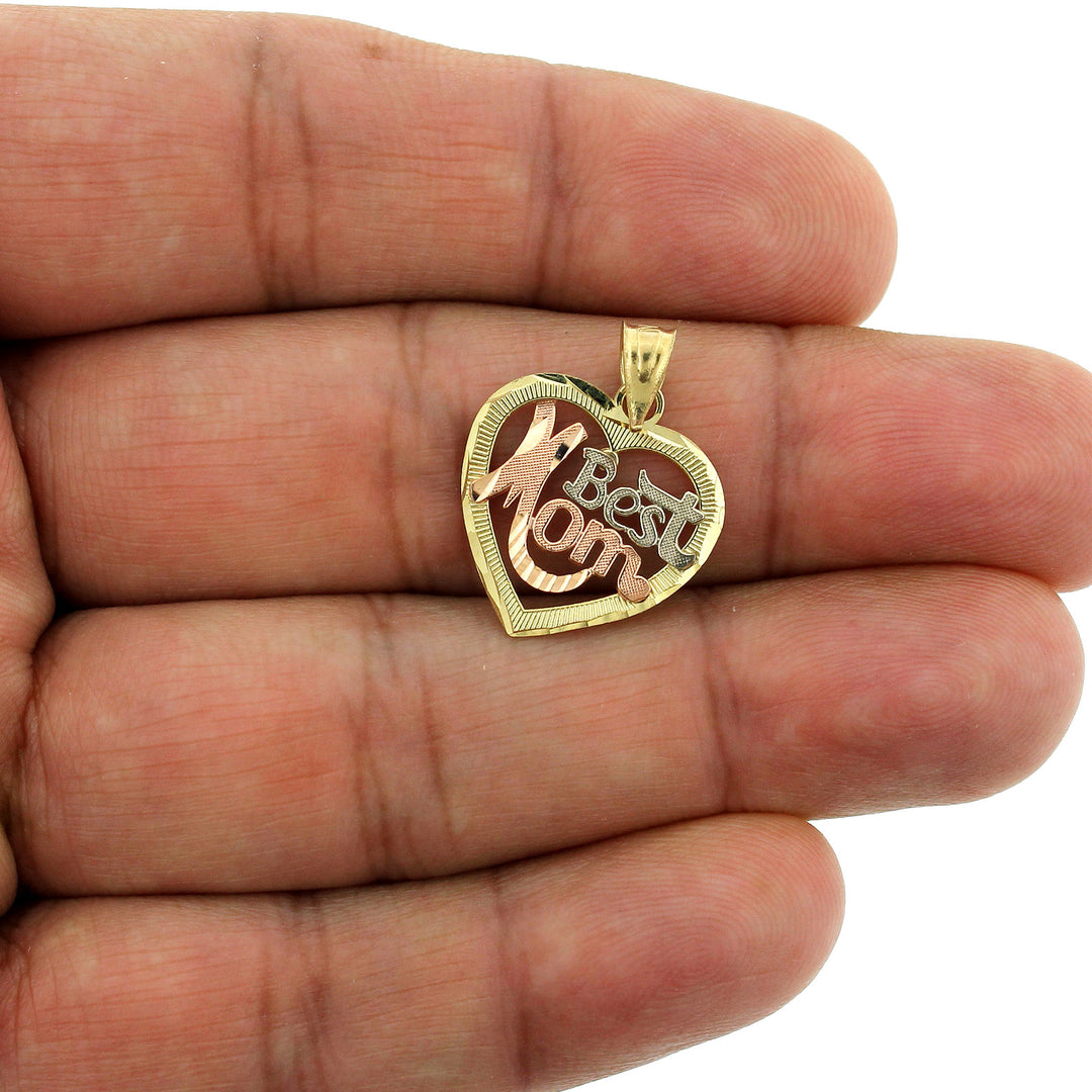 Real 10K Yellow Gold Diamond Cut Best Mom Heart Pendant &amp; 2.5mm Rope Chain Necklace Set