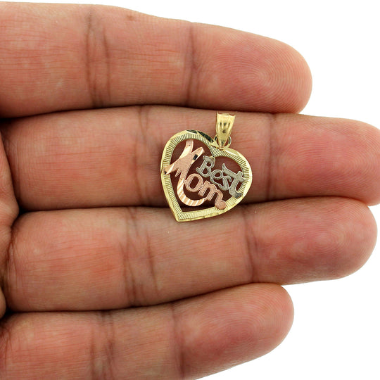 Real 10K Yellow Gold Diamond Cut Best Mom Heart Pendant &amp; 2.5mm Rope Chain Necklace Set