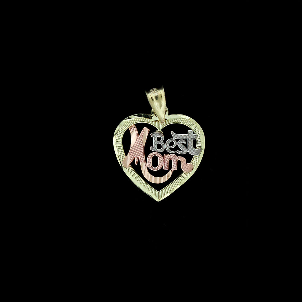 Real 10K Yellow Gold Diamond Cut Best Mom Heart Pendant & 2.5mm Rope Chain Necklace Set