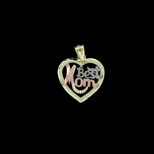 Real 10K Yellow Gold Diamond Cut Best Mom Heart Pendant &amp; 2.5mm Rope Chain Necklace Set
