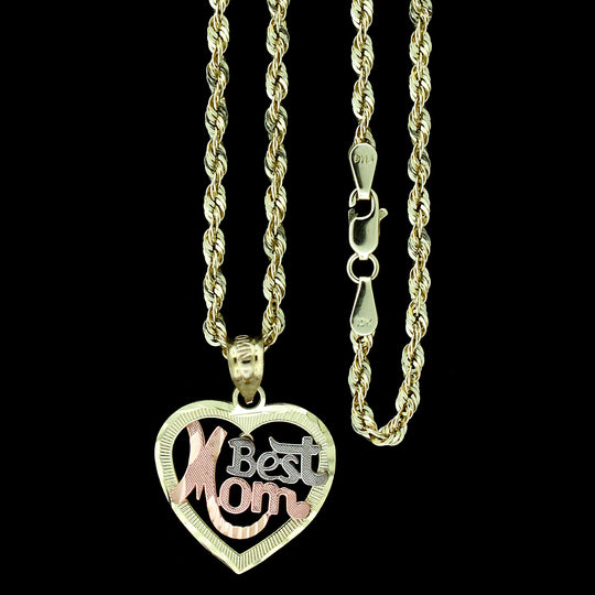 Real 10K Yellow Gold Diamond Cut Best Mom Heart Pendant &amp; 2.5mm Rope Chain Necklace Set