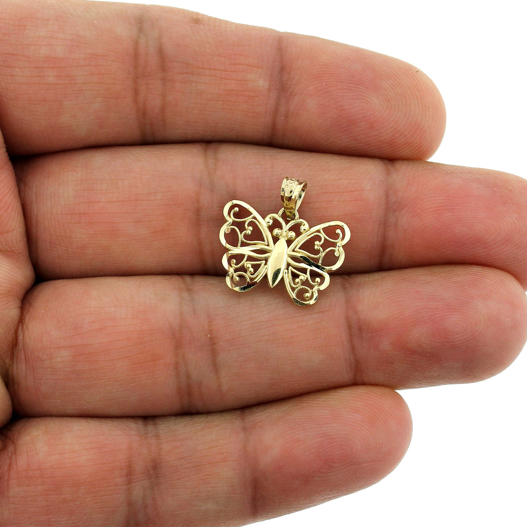 Real 10K Yellow Gold Diamond Cut Butterfly Pendant &amp; 2.5mm Rope Chain Necklace Set