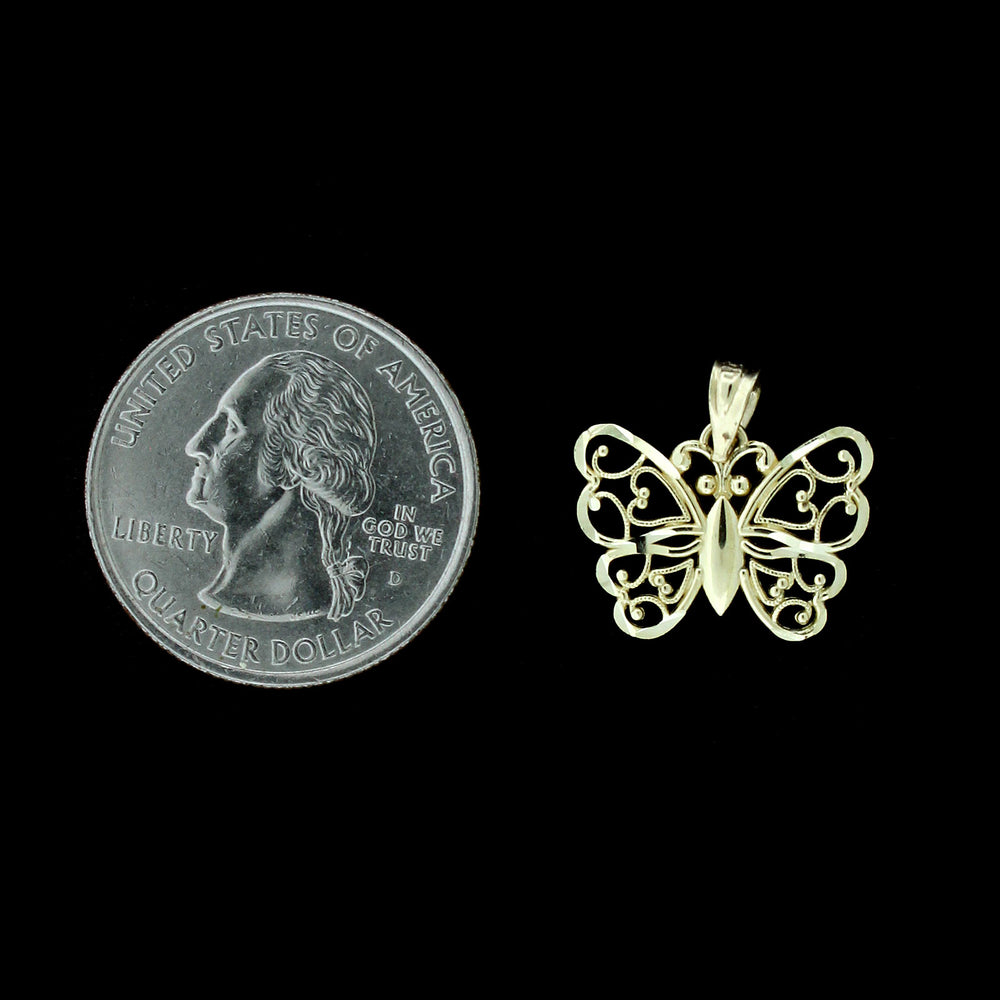 Real 10K Yellow Gold Diamond Cut Butterfly Pendant & 2.5mm Rope Chain Necklace Set