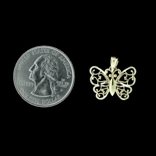 Real 10K Yellow Gold Diamond Cut Butterfly Pendant &amp; 2.5mm Rope Chain Necklace Set