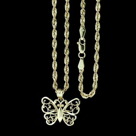 Real 10K Yellow Gold Diamond Cut Butterfly Pendant &amp; 2.5mm Rope Chain Necklace Set