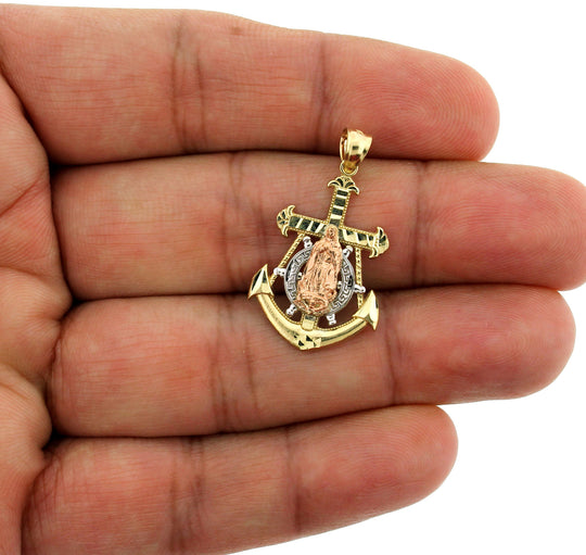 10K Yellow White Rose Gold Virgin Mary Anchor Cross Pendant &amp; 2.5mm Rope Chain Necklace Set
