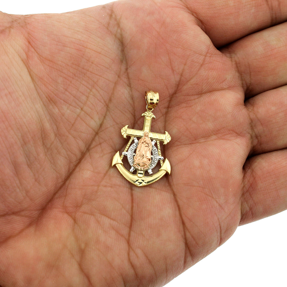 Real 10K Yellow White Rose Gold Diamond Cut Virgin Mary Anchor Cross Pendant