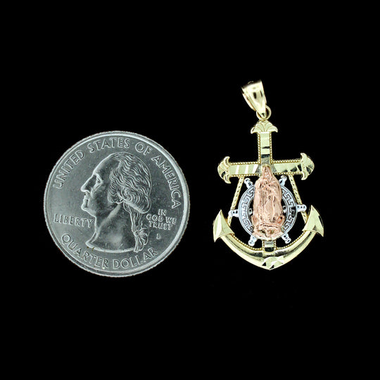 Real 10K Yellow White Rose Gold Diamond Cut Virgin Mary Anchor Cross Pendant