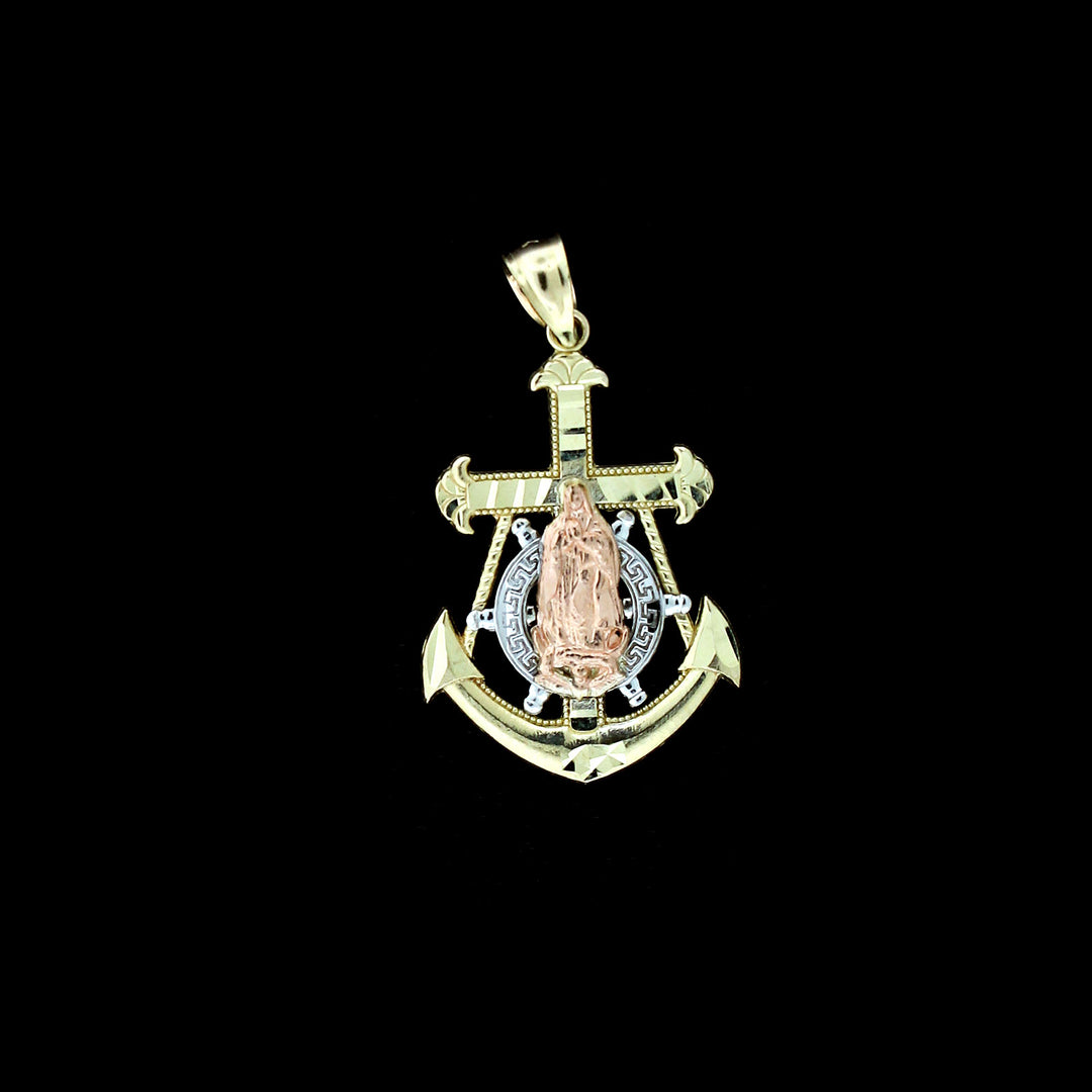 10K Yellow White Rose Gold Virgin Mary Anchor Cross Pendant &amp; 2.5mm Rope Chain Necklace Set