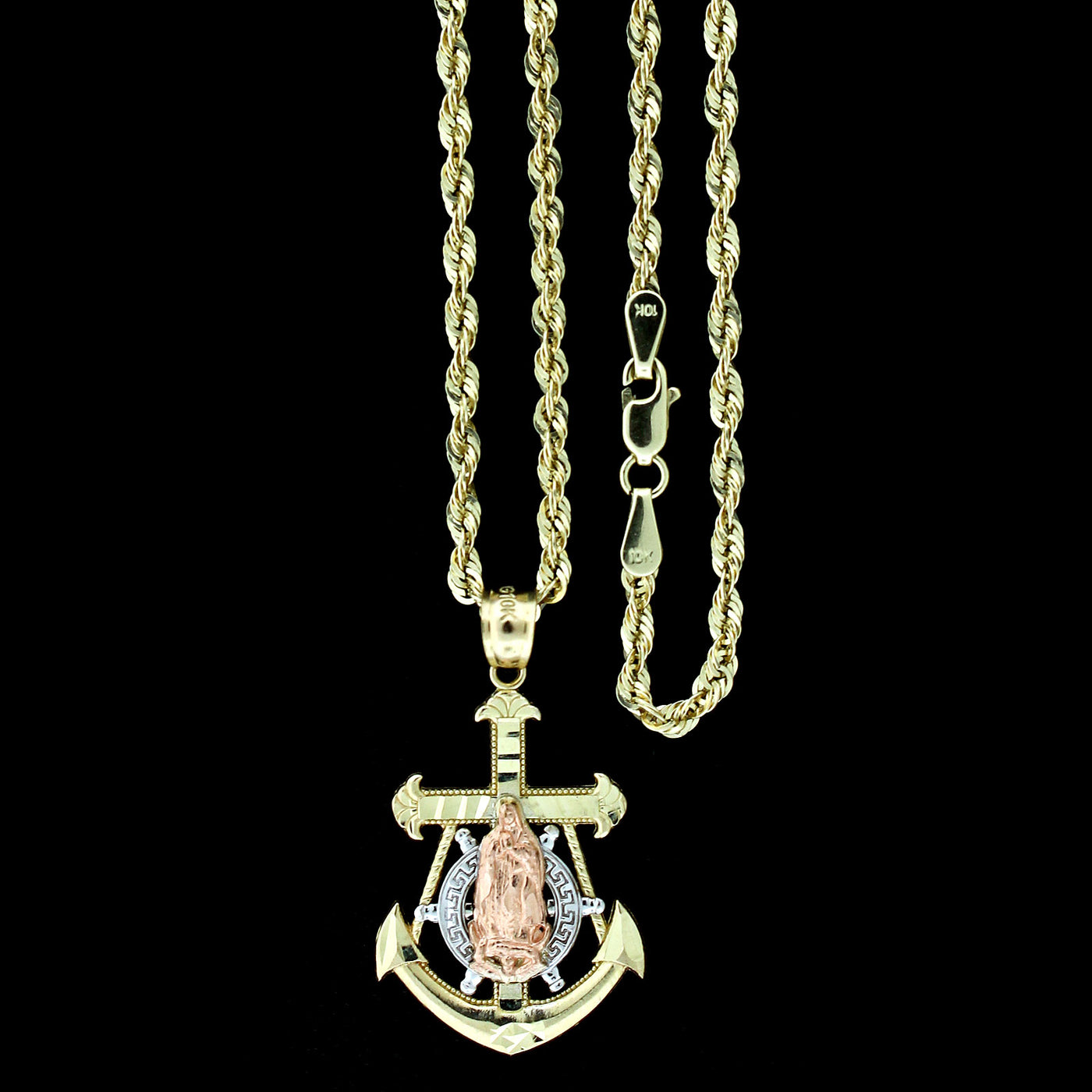 10K Yellow White Rose Gold Virgin Mary Anchor Cross Pendant & 2.5mm Rope Chain Necklace Set