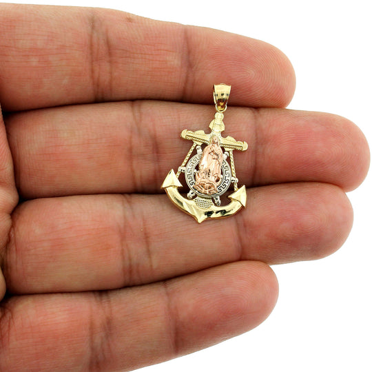 10K Yellow White Rose Gold Virgin Mary Anchor Cross Pendant &amp; 2.5mm Rope Chain Necklace Set