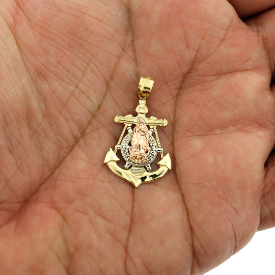 10K Yellow White Rose Gold Virgin Mary Anchor Cross Pendant &amp; 2.5mm Rope Chain Necklace Set