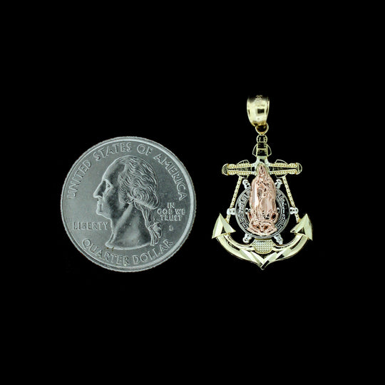 10K Yellow White Rose Gold Virgin Mary Anchor Cross Pendant &amp; 2.5mm Rope Chain Necklace Set
