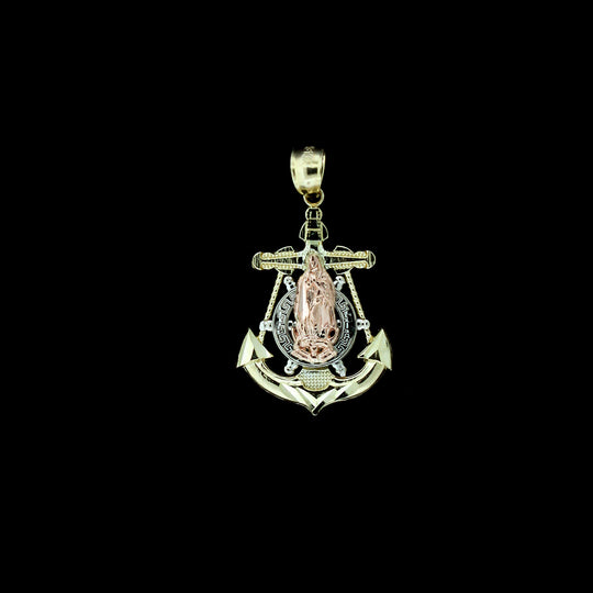 10K Yellow White Rose Gold Virgin Mary Anchor Cross Pendant &amp; 2.5mm Rope Chain Necklace Set