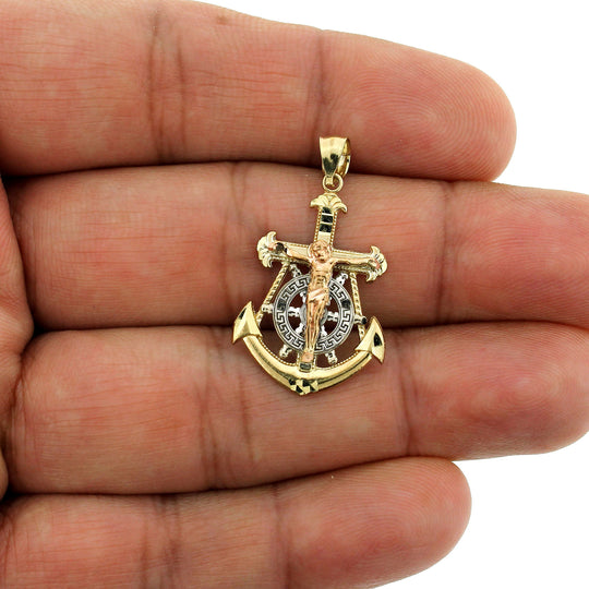 10K Yellow White Rose Gold Anchor Cross Pendant Diamond Cut Jesus Crucifix Charm