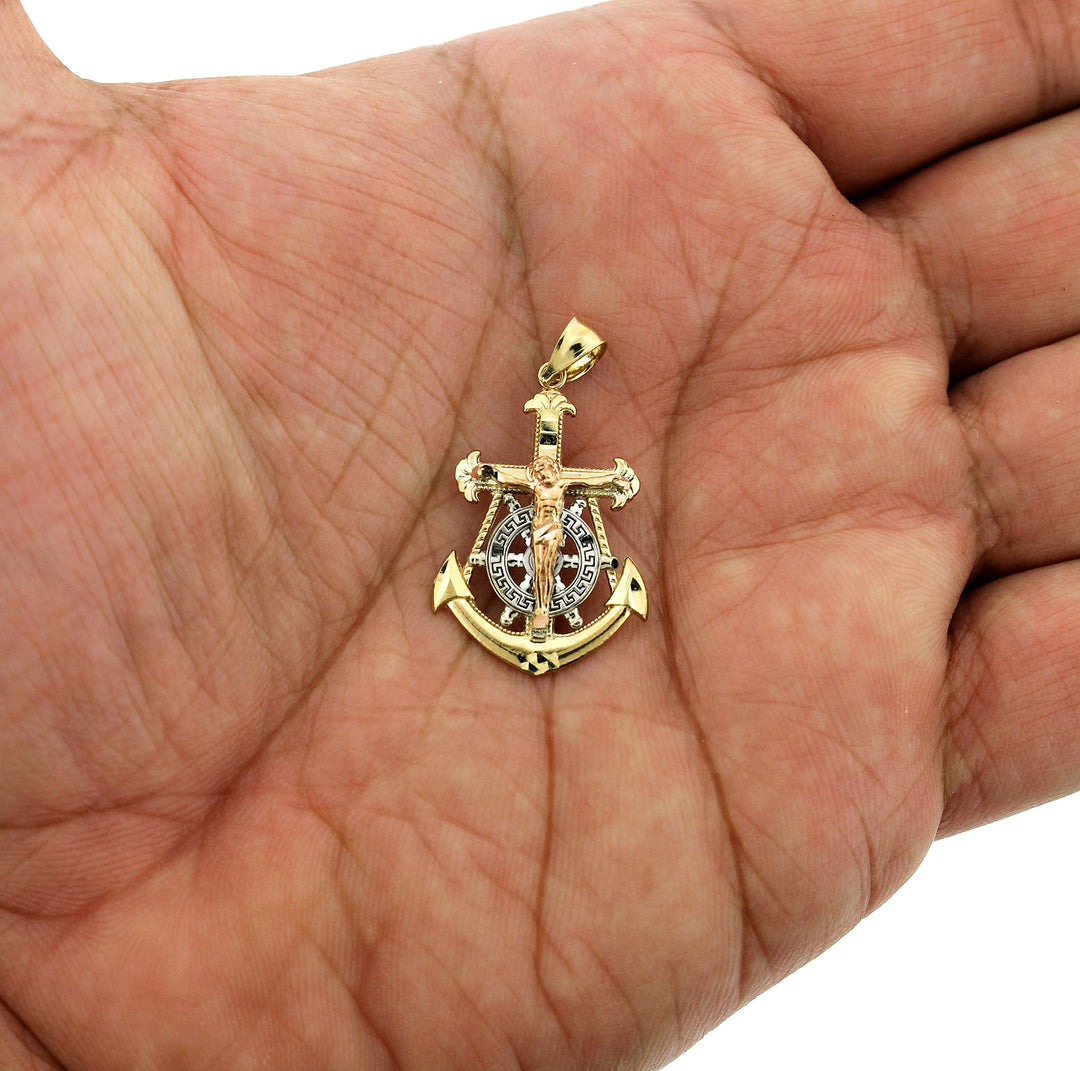 10K Yellow White Rose Gold Anchor Cross Pendant Diamond Cut Jesus Crucifix Charm