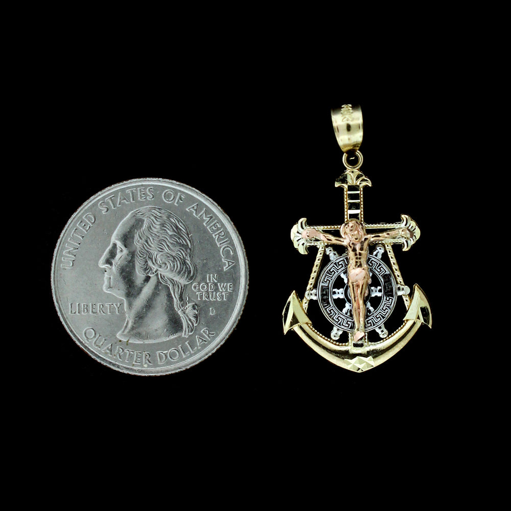 10K Yellow White Rose Gold Jesus Anchor Cross Charm Pendant & 2.5mm Rope Chain Necklace Set