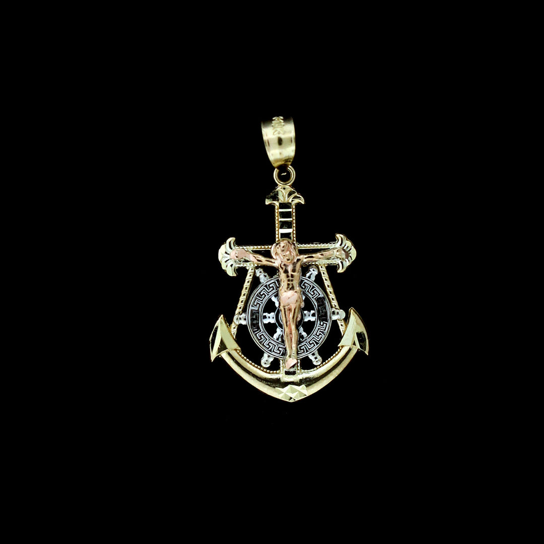 10K Yellow White Rose Gold Anchor Cross Pendant Diamond Cut Jesus Crucifix Charm