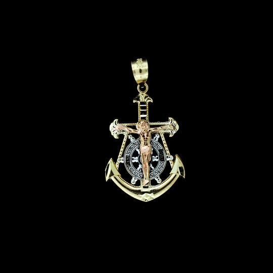 10K Yellow White Rose Gold Anchor Cross Pendant Diamond Cut Jesus Crucifix Charm