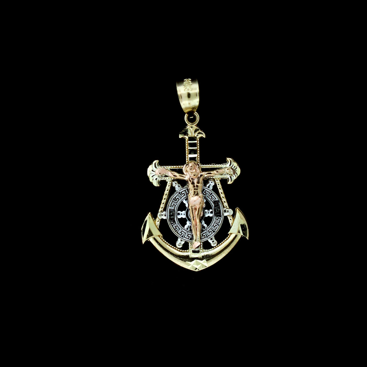 10K Yellow White Rose Gold Jesus Anchor Cross Charm Pendant & 2.5mm Rope Chain Necklace Set