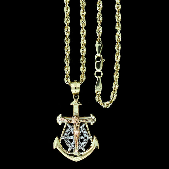 10K Yellow White Rose Gold Jesus Anchor Cross Charm Pendant &amp; 2.5mm Rope Chain Necklace Set