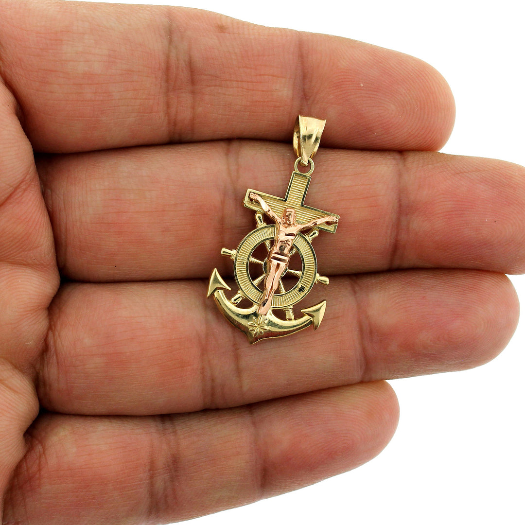 Real 10K Yellow &amp; Rose Gold Jesus Anchor Cross Charm Pendant &amp; 2.5mm Rope Chain Necklace Set