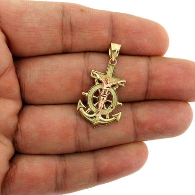 Real 10K Yellow & Rose Gold Jesus Anchor Cross Charm Pendant & 2.5mm Rope Chain Necklace Set