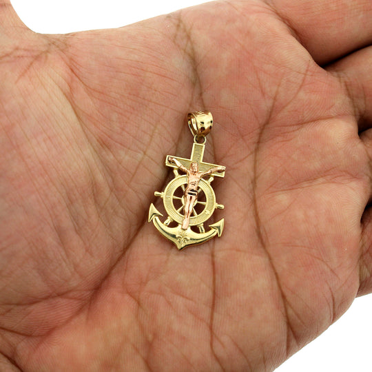 Real 10K Yellow &amp; Rose Gold Jesus Anchor Cross Charm Pendant &amp; 2.5mm Rope Chain Necklace Set