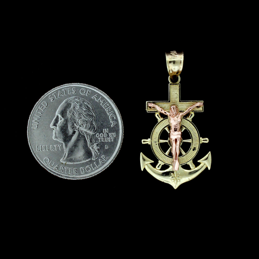 Real 10K Yellow & Rose Gold Jesus Anchor Cross Charm Pendant & 2.5mm Rope Chain Necklace Set