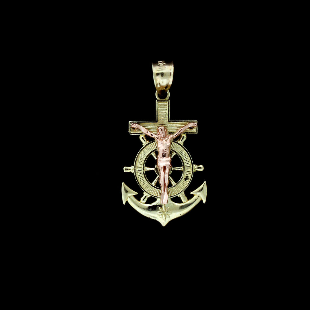 Real 10K Yellow/Rose Gold Anchor Cross Pendant Diamond Cut Jesus Crucifix Charm