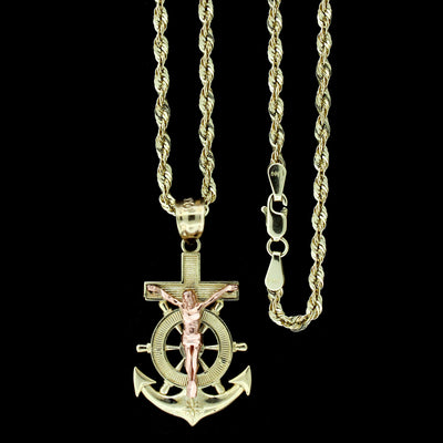 Real 10K Yellow & Rose Gold Jesus Anchor Cross Charm Pendant & 2.5mm Rope Chain Necklace Set