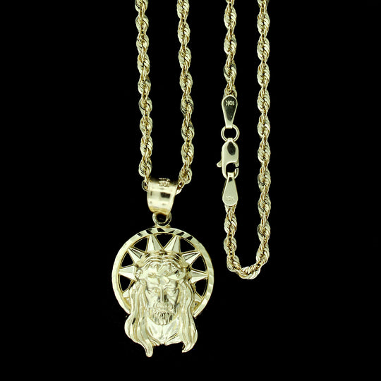 Real 10K Yellow Gold Jesus Head Face Charm Pendant &amp; 2.5mm Rope Chain Necklace Set