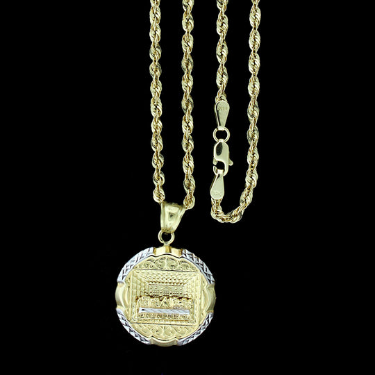 Real 10K Yellow Gold Apostles Last Supper Charm Pendant &amp; 2.5mm Rope Chain Necklace Set