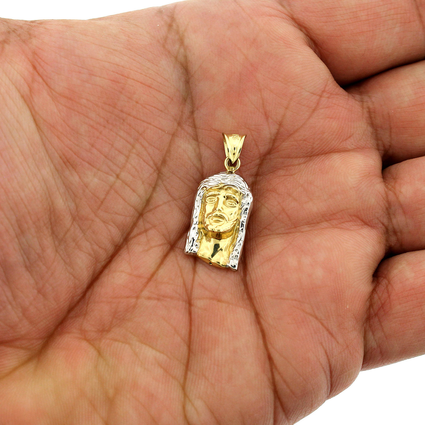 Real 10K Yellow Gold Jesus Head Face Charm Pendant & 2.5mm Rope Chain Necklace Set