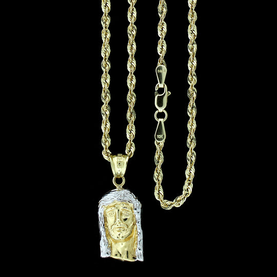 Real 10K Yellow Gold Jesus Head Face Charm Pendant &amp; 2.5mm Rope Chain Necklace Set