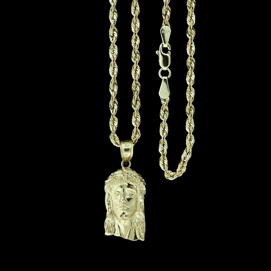 Real 10K Yellow Gold Jesus Head Face Charm Pendant &amp; 2.5mm Rope Chain Necklace Set