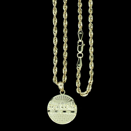 10K Yellow Gold Last Supper Jesus Charm Pendant With 2mm Rope Chain Necklace Set