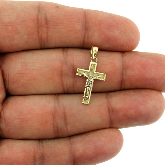 Mens Real 10K Yellow Gold Diamond Cut Jesus Crucifix Cross Charm Pendant