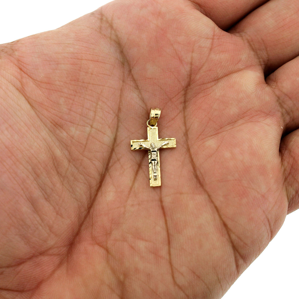 Mens Real 10K Yellow Gold Diamond Cut Jesus Crucifix Cross Charm Pendant