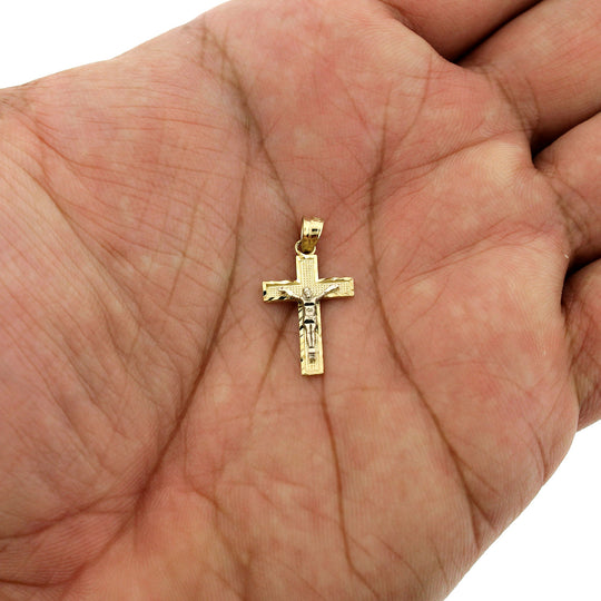 Mens Real 10K Yellow Gold Diamond Cut Jesus Crucifix Cross Charm Pendant