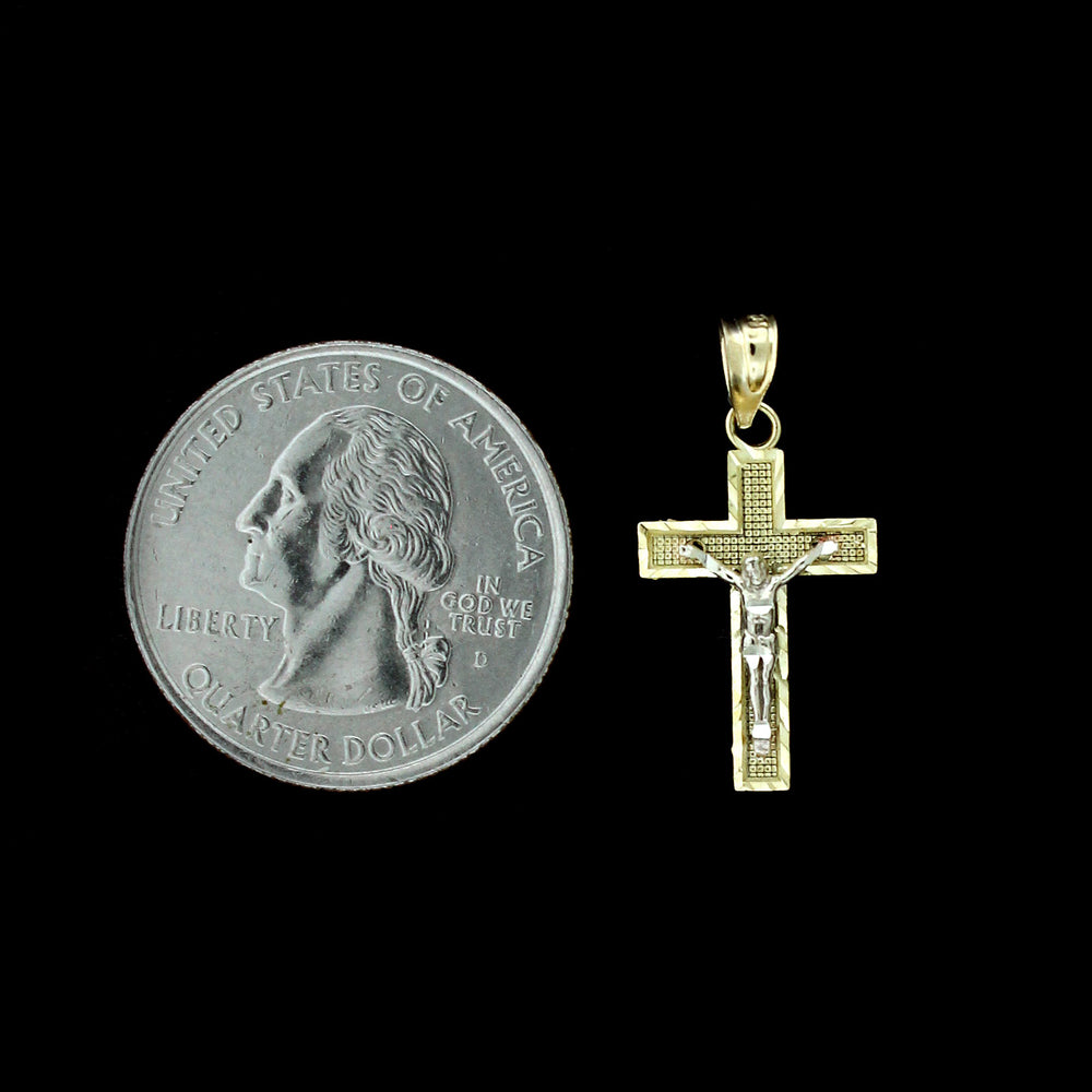 10K Real Yellow Gold Diamond Cut Jesus Crucifix Cross Pendant & 2mm Rope Chain Necklace Set