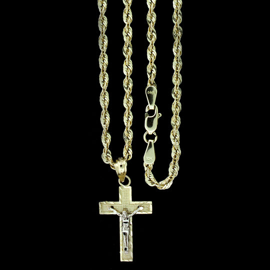 10K Real Yellow Gold Diamond Cut Jesus Crucifix Cross Pendant &amp; 2mm Rope Chain Necklace Set