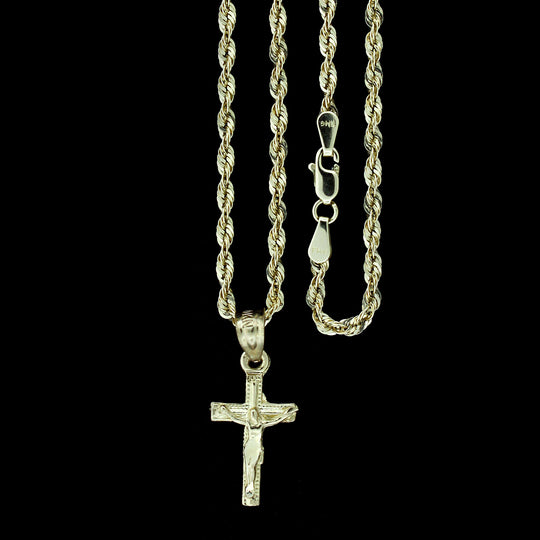 Real 10K Yellow Gold Diamond Cut Jesus Crucifix Cross Pendant &amp; 2.5mm Rope Chain Necklace Set