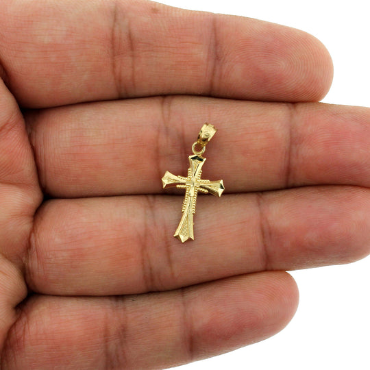Real 10K Yellow Gold Diamond Cut Cross Charm Pendant &amp; 2.5mm Rope Chain Necklace Set