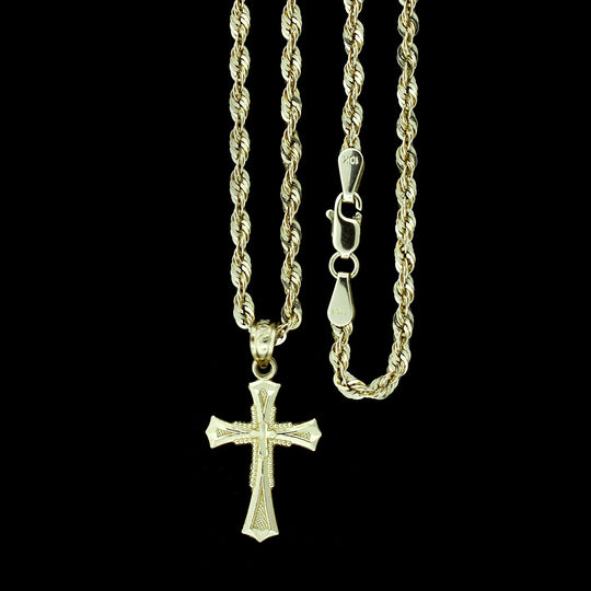 Real 10K Yellow Gold Diamond Cut Cross Charm Pendant &amp; 2.5mm Rope Chain Necklace Set